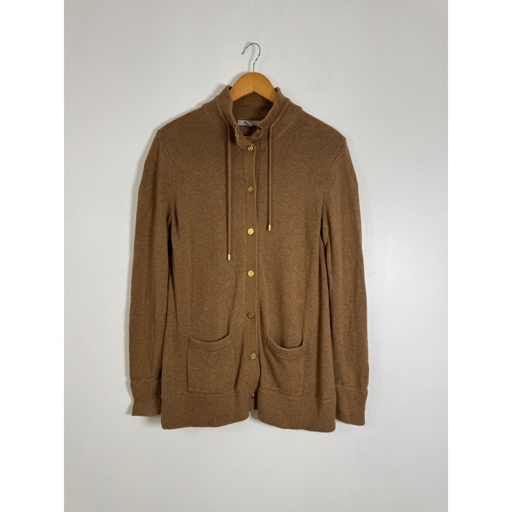 Quiet Luxury Banana Republic Womens M Cardigan Brown Angora Gold Button Funnel